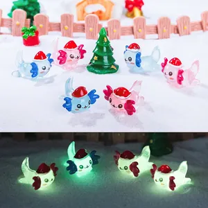 Resin Axolotl Figurine Luminous Christmas Hat Glow In Dark Miniature Ornament For Micro Landscape Garden Decor