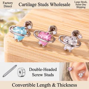 Heart Planet Cartilage Stud Titanium Steel Zircon Piercing Earring Orbit Screw Back Sweet Trendy Jewelry For Women