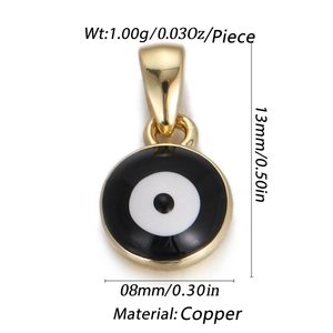 Gold plated copper evil eye pendant with black and white enamel and product dimensions