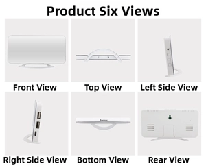 Multi-angle views showing LED mirror clock with USB ports and snooze button