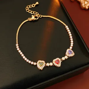 Heart Colorful Zircon Bracelet 18K Gold Plated Copper Adjustable Link Chain Jewelry Gift For Women Fashion Elegant