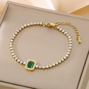 Detailed close-up of emerald-cut green stone bracelet on elegant jewelry box