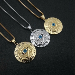Eye Of Horus Pendant Necklace Stainless Steel Egyptian Hieroglyphs Blue Enamel Eye Hip Hop Jewelry For Men Women