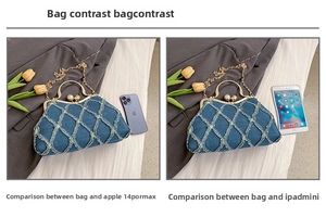 Denim shell bag size comparison with iPhone 14 Pro Max and iPad mini for scale