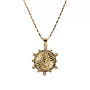 Detail of gold-plated Virgin Mary pendant with colorful gemstones and box chain necklace