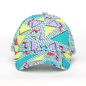 Front view of a baseball cap with vibrant Memphis geometric patterns and a curved brim