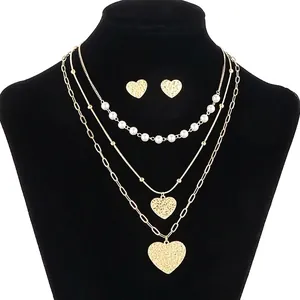 Multi Layer Heart Necklace And Stud Earrings Stainless Steel Faux Artificial Pearl Hammered Textured Fashion Jewelry For Women