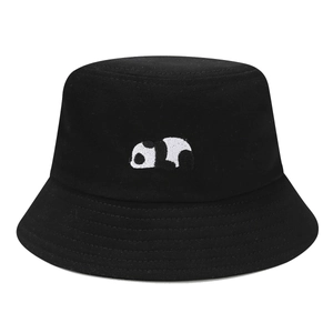 Classic black cotton bucket hat with cute panda embroidery for sun protection