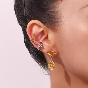 Women's 18K gold plated stainless steel layered wavy ear cuffs and geometric earrings