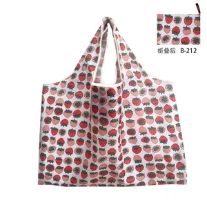 Foldable white oxford fabric shopping bag with red strawberry print 58x40cm size