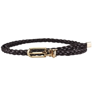 Fashionable dark brown woven leather belt for women with gold metallic horseshoe buckle