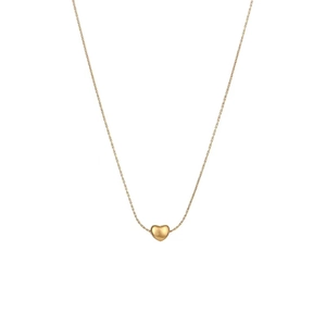 Close-up of polished gold heart pendant with delicate link chain on white background