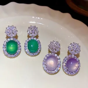 Boucles D'oreilles Pendantes Élégantes En Calcédoine Ovale Avec Puce Fleur En Zircon Et Tige En Argent Sterling 925 Pour Femme