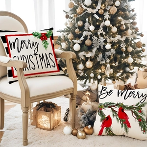 Christmas red truck linen pillow cover on armchair with festive holiday decorations