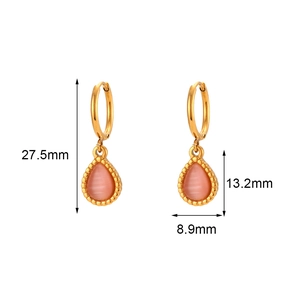 Gold water drop earrings with pink cat eye stone and size measurements 27.5mm x 8.9mm
