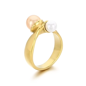 French style gold stainless steel ring with elegant white and pink double pearls