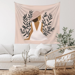 Bohemian tapestry featuring abstract female portrait on light fabric for room decor