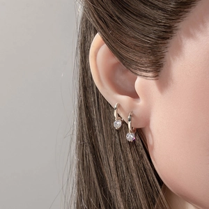 Minimalist coffee gold hoop earrings with small clear cubic zirconia gemstone drop