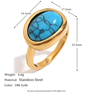 Bague en acier doré avec pierre bleue naturelle et dimensions précises du placage 18K
