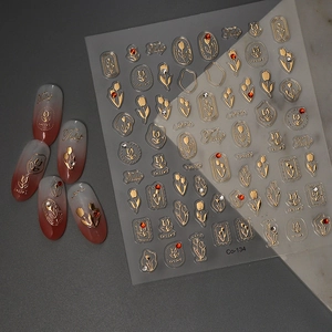 3D tulip nail stickers with gold relief and sparkling rhinestones for floral manicure art