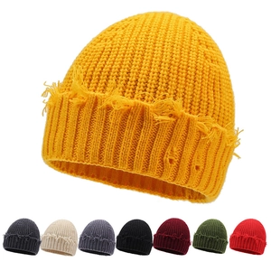 Bonnet En Tricot Décontracté Avec Bord Effiloché Streetwear Chaud Hiver Pour Hommes Femmes Côtelé Rétro Style Solide