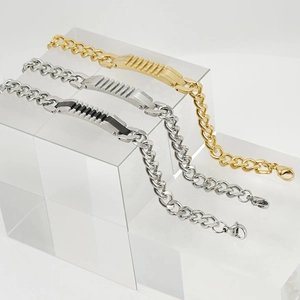 Bracelets pour hommes en acier inoxydable or 18 carats et argent avec barres rainurées