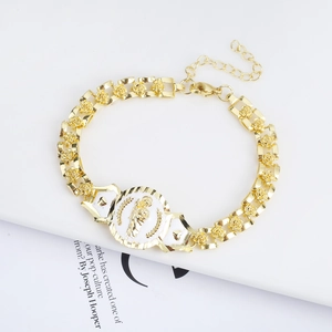 18K gold plated rose flower chain religious bracelet with white enamel saint coin charm