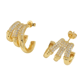 Three-row gold C-shaped claw earrings with sparkling zircon crystals in a pair