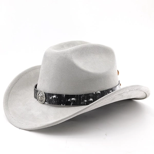 Detail of light gray suede cowboy hat with black star-patterned band and lion metal buckle