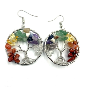 Close-up of tree of life earrings with colorful natural crushed stones in silver frames