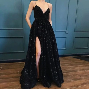 Women Sexy V Neck Sequined Evening Dress Spaghetti Strap High Slit Backless Formal Party Gown