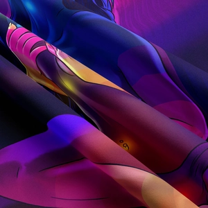 Detail of artistic wall tapestry fabric showing vibrant purple cyberpunk digital print texture