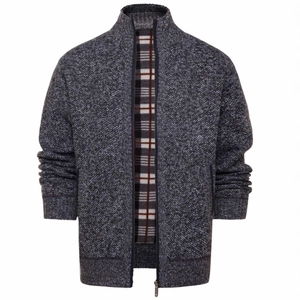Men's dark grey stand collar knit cardigan jacket with warm plaid fleece lining