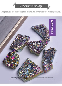 Close-up of rainbow titanium coated natural quartz crystal clusters with metallic luster