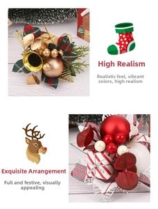 Detail of Christmas PVC picks with red berries, pine cones and plaid ribbons decorations