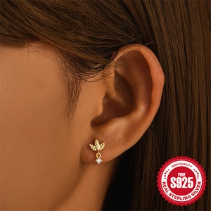 925 sterling silver gold stud earring with three-leaf design and hanging clear zircon stone