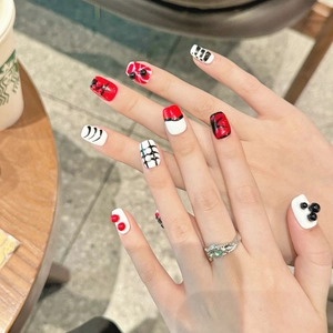 Gothic black and red cyber hand-painted press-on nails with 3D metallic beads