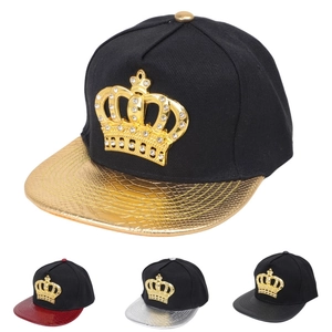 Hip Hop Flat Brim Baseball Cap Rhinestone Crown Decor PU Leather Patchwork Snapback Hat For Men Stylish Sunshade