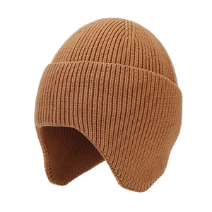 Winter thermal knit earflap beanie with vertical ribbed texture in camel brown