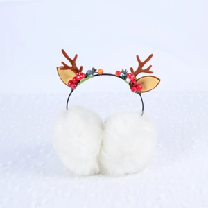 Christmas reindeer antler earmuffs with white plush and festive berry decorations