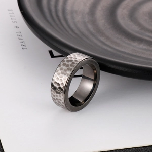 Minimalist 8mm gunmetal titanium steel ring with vintage hammered finish for men