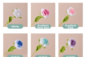 Detail showing six colors of handmade crochet roses with gradient petals and green leaves