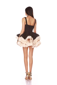 Rear view of layered black and white mini dress showing pleated tulle skirt details