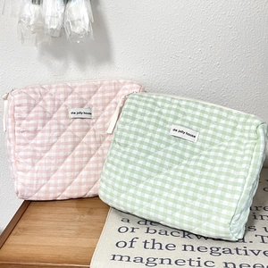 Cute pink and green checkered quilted cotton makeup bag with large capacity storage