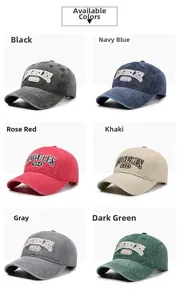 Detailed grid showing six colors of washed cotton baseball caps with Angeles embroidery