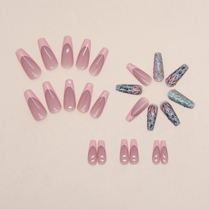 Pink French press-on nails set with blue glitter and floral patterns, 24 pieces