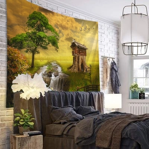 Detailed landscape tapestry featuring a golden sunset waterfall over a white brick bedroom wall