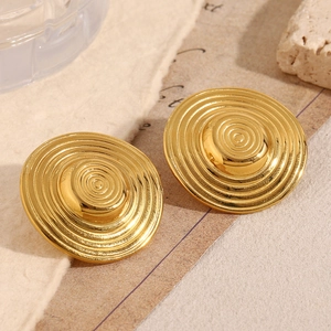 Macro view of 18K gold plated concentric circle earrings with spiral texture on stone