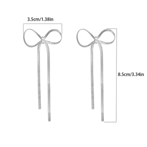 Silver bow tassel earrings dimensions showing 3.5cm width and 8.5cm total length