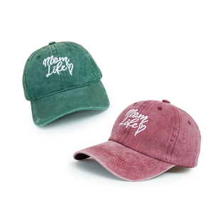 Washed cotton Mom Life baseball caps in vintage green and burgundy colors with heart embroidery